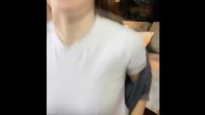 Alexandra Daddario pokies and bounce in tight shirt from YouTube video (GIF)