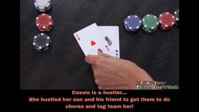 Mom finesses son and friend into doing chores, and making her cum