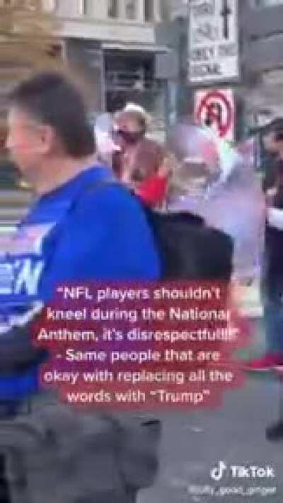Trump supporters replace the words of the national anthem with only Trump.