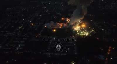 Drone footage of the recent massive ammunition detonation in occupied Makiivka