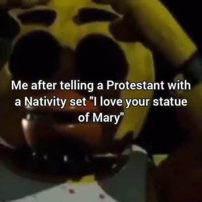 It's that special time of year when prot churches everywhere put up statues of Jesus, Mary, saints, angels, and other 