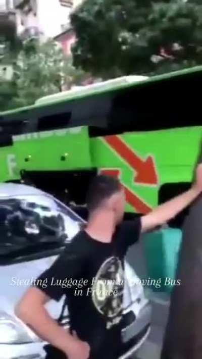 Stealing luggage from a moving bus - France