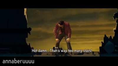 A smoker struggles to climb up stairs