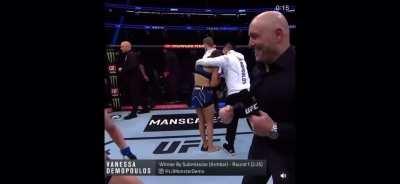 UFC fighter Vanessa Demopoulos jumps into the arms of gigachad Joe Rogan
