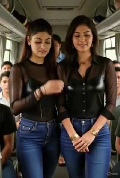 Girls are twins sisters and they are fully wet soaked clothes due sweat in the bus