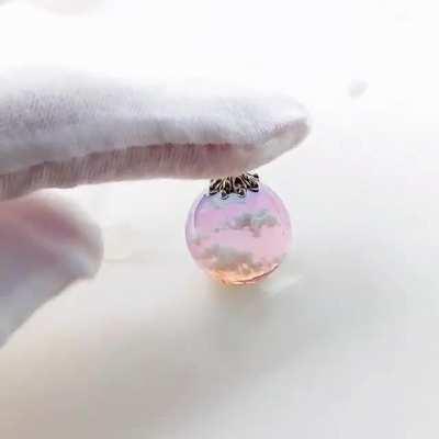 Blue pink sky, clouds resin ball pendant necklace, 1.5 cm, handmade by me