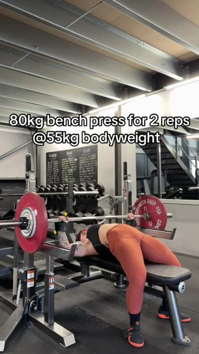 80kg bench press double @55kg bodyweight! Almost died haha but worth it for the rep PB