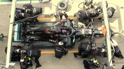 Bird's-eye view of Mercedes' double stack at the British GP