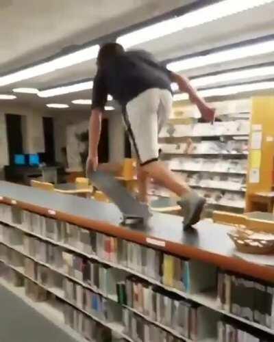 Gliding on roller skates in the library...