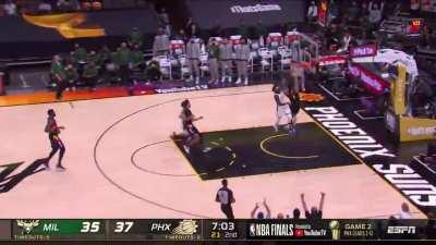 [Highlight] Suns with the steal, Holiday with an insane block, Ayton cleans it up with the slam. Suns crowd goes nuts