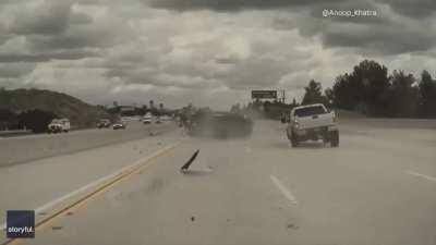 Car flips from a loose truck tire in Los Angeles (March 2023) 