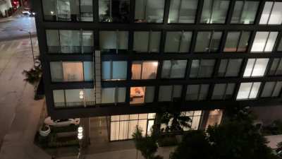 I asked my cameraman to go across the street to record my show.