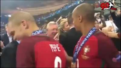 Sir Alex waiting to congratulate his sons like a proud father (Euro 2016 winners CR7 and Nani)