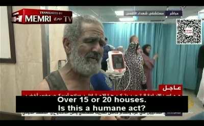 Al-Jazeera interview an old man in a Gaza hospital, The man criticizes Israel for the destruction in Gaza (journalist happy) but then he start to critic Hamas 