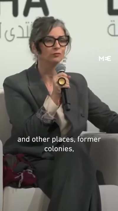 Francesca Albanese talks at Doha Forum, saying new ceasefire used by Israel in ethnic cleansing of Palestine and suppress Palestinians’ right to self-determination in “wake up call” for young people met with “batons by police, criminalization by governmen