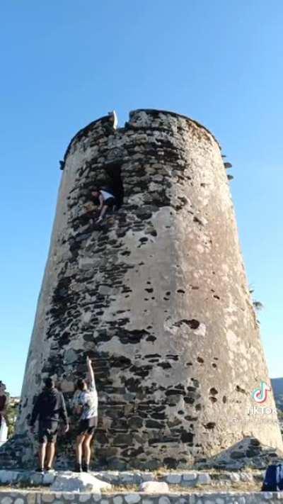 Guy falls off a tower.