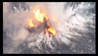 Detonation of the ammunition of the Russian T-80BVM tank after the arrival of an FPV drone in the Pokrovsky direction