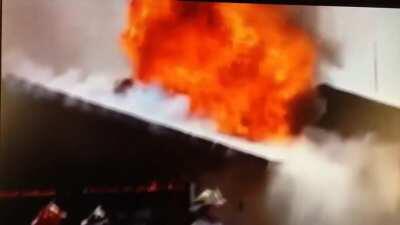Firefighter falls through roof of a burning house..... House proceeds to turn into a volcano...