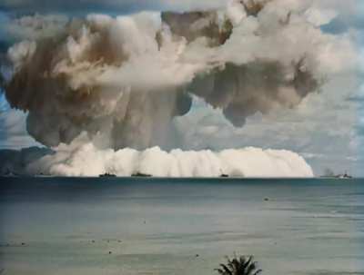 An underwater nuclear bomb test in the Bikini Atoll area, 1946.