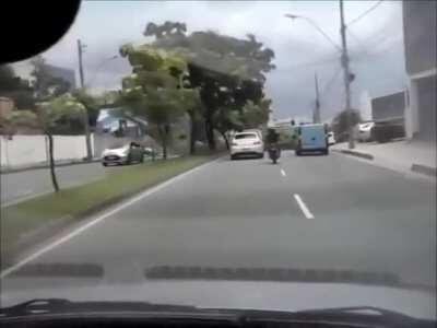 Motorcyclists learns Newton's third law.