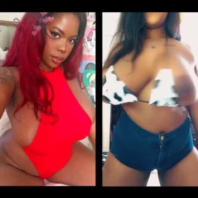 Cowgirl shakes her huge fuckin tits out.