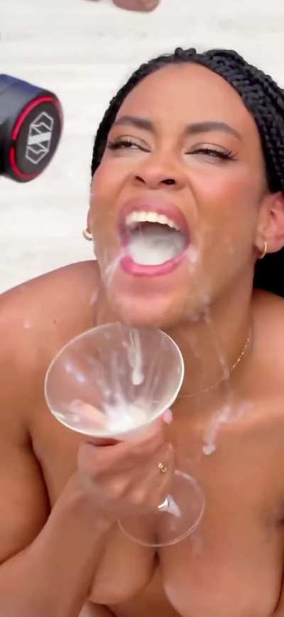 Nasty Yellow Cum Dribbling Down Ebony Mouth