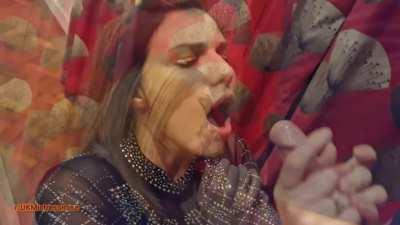 Slutty Dancer in fishnets getting covered with his load and swallowing all up!