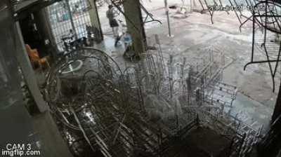 Morning breakfast interrupted by wreckless car