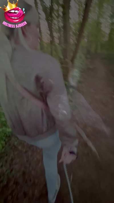 A walk around the woods with his locked cock on a leash