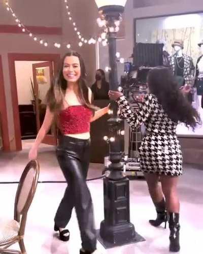 Miranda and Laci having fun on set