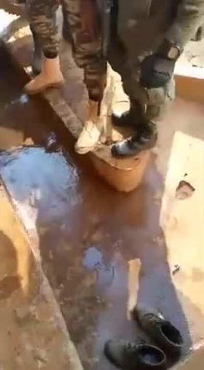 Cameroon Armed Forces beat a man for information.