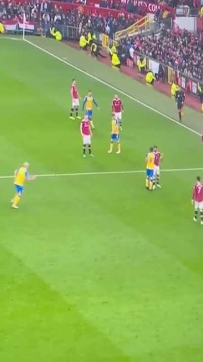 Bruno Fernandes tries to swing at James Ward Prowse