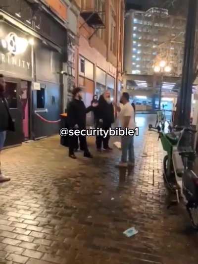 A very drunk and angry customer challenged the doorman to a fight, but then he got knocked out instead.