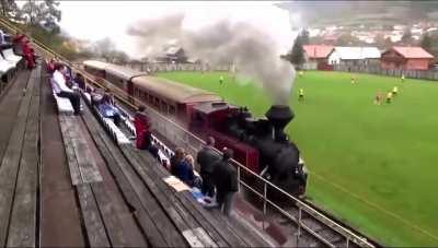 This narrow gauge railway in Slovakia is the only railway which passes through the middle of a soccer stadium.