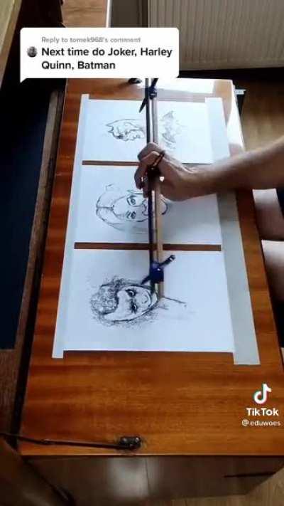 Man draws 3 different drawing AT THE SAME TIME