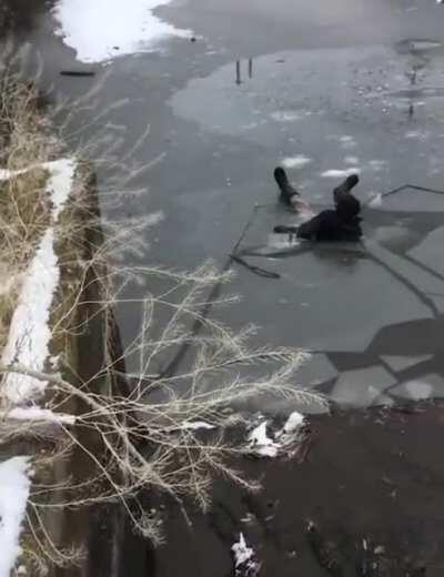 Jumping on a thin sheet of ice.