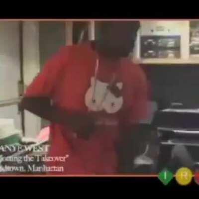 Kanye using the Robocop sample—and wearing a Hello Kitty shirt—in 2003 (via @kanye.archives on Instagram)