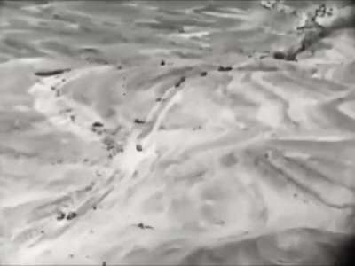 IDF Dassault Super Mystère fighter-bombers engage an Egyptian column with napalm in June 1967