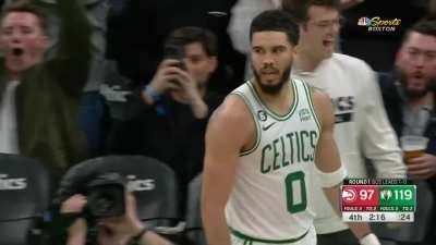 [Highlight] Jayson Tatum tells the TD Garden to make some noise as he gets the block on Trae Young and slams it home