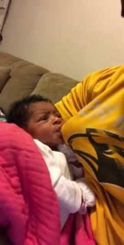 Her mama isn't home and she wouldn’t take the bottle, so he had to improvise.