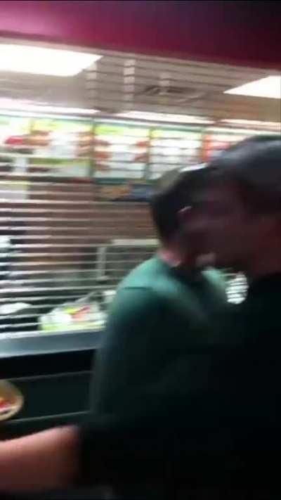 Guy Attacks Subway Sandwhich Artist. Tries To Fight Everyone Else. Gets Tazed.