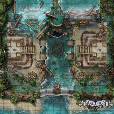 The Water Temple, An ancient puzzle locks the submerged entrance to an underground temple. The party pulls a series of levers to block the river feeding the lake above, and eventually have access. But- that damn doesn't look all too reliable. [OC]