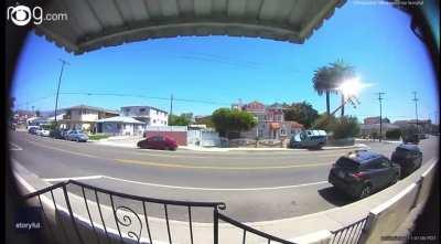 Speeding car slams into utility pole in Los Angeles Neighborhood and knocks pole down while flipping on its side