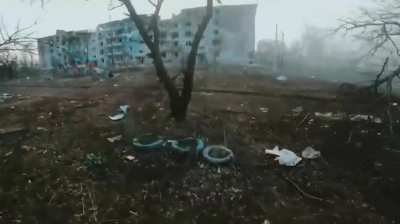 (Archival) A Ukrainian soldier crosses The Street During A Battle To Deliver Medical Supplies To The Friendly Position. Battle Of Bakhmut April, 2023.