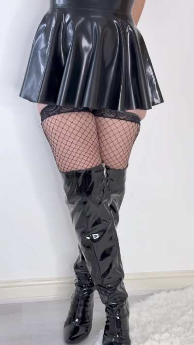 Latex minidress and PVC boots all shiny outfit