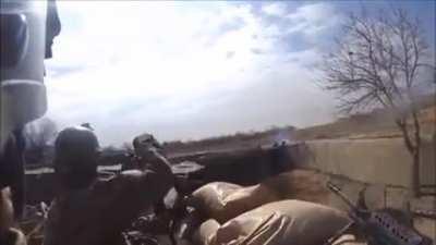 US soldiers react to RPG or ATGM (they don't even know) whizzing by. Sound.