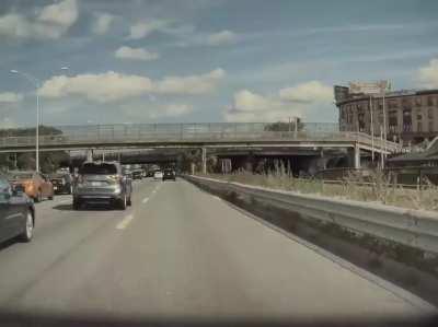 Narrowly avoid collision after two cars break and swerve into the right lane