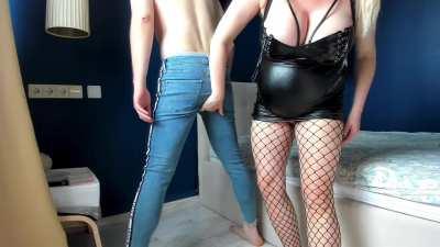 Strong kicks in the balls to the guy in tight blue jeans! No escape for his balls!