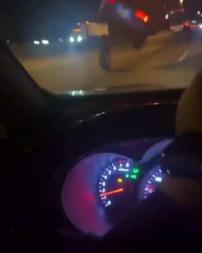 Car hits tire at the perfect/worst angle