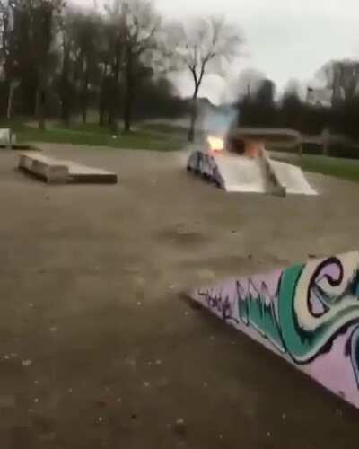 Flaming ball hurled at the cameraman